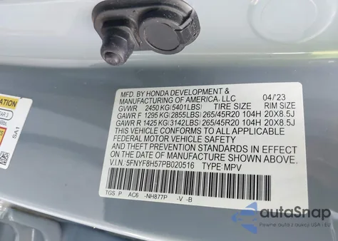 2023 Honda Passport Awd Ex-L from USA, damaged, VIN 5FNYF8H57PB020516